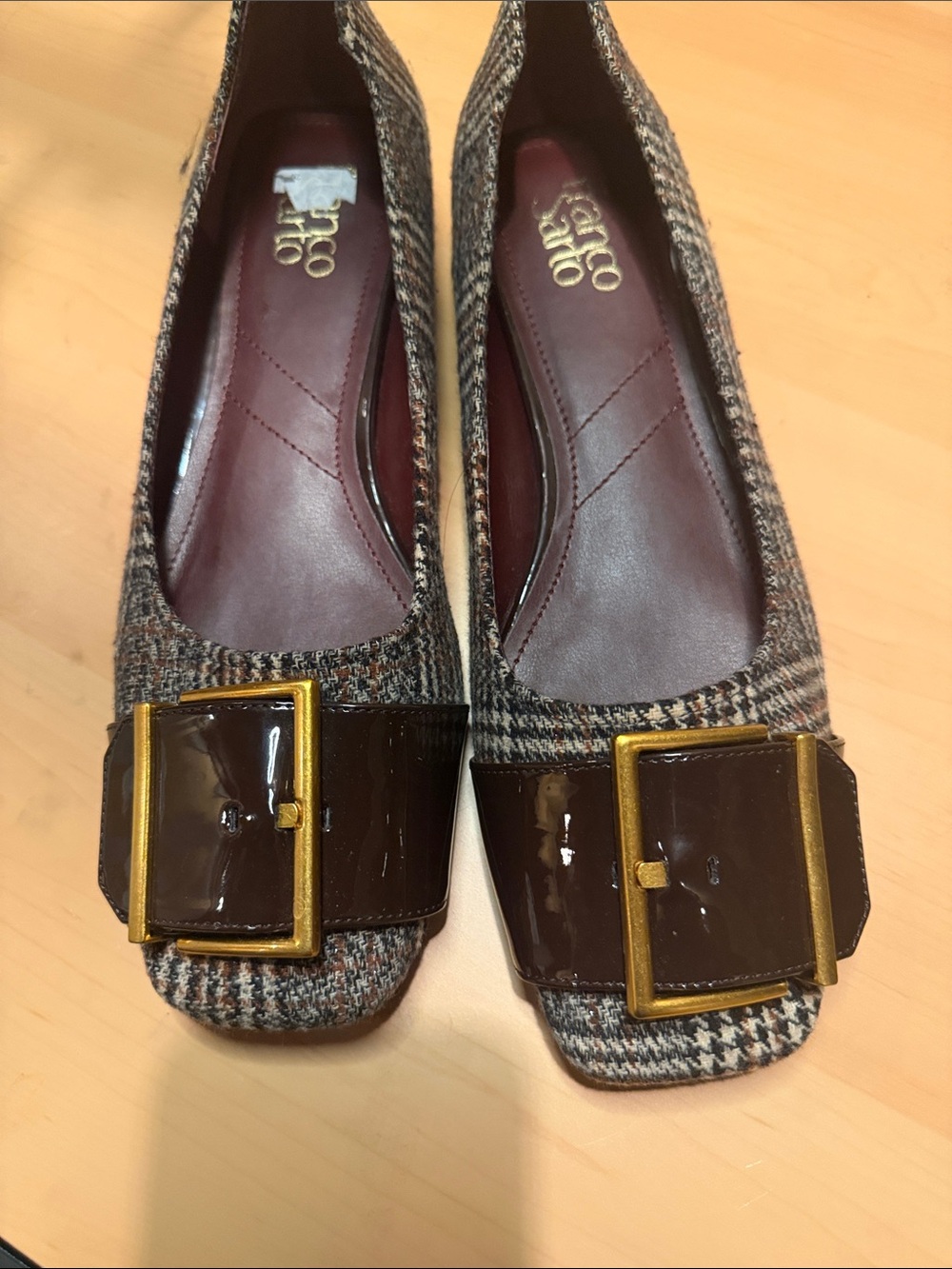 Franco Sarto Flats Womens 10M Brown Tahlia Plaid Square Toe Buckle Fabric Preppy